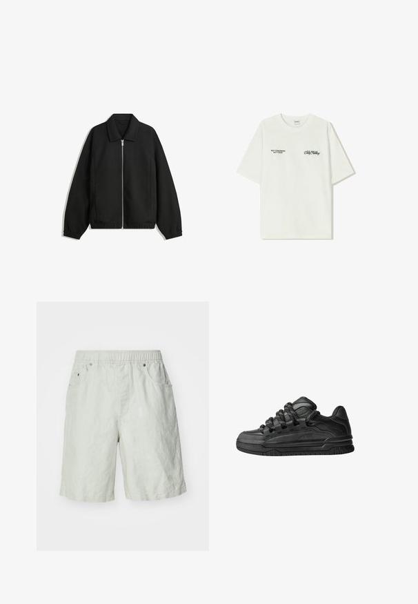 Črna jakna iz teksturirane tkanine, z dvostranskim zadrgo spredaj, ovratnikom in elastičnimi manšeti, sproščenega kroja in stranskimi žepi.; Bela bombažna majica s kratkimi rokavi. Na sprednji strani je črn napis: "NE JUTRI NE DANES" in "UMETNOST SVETOVANJA" v zeleni pisavi.; Svetlo sivi šortsi iz teksturiranega blaga, z elastičnim pasom, dvema stranskima žepoma in sproščenim krojem.; Črne superge z gladkim usnjenim zgornjim delom, teksturiranimi detajli in okroglimi črnimi ter belimi vezalkami. Debel gumijast podplat z vzorčastim profilom.