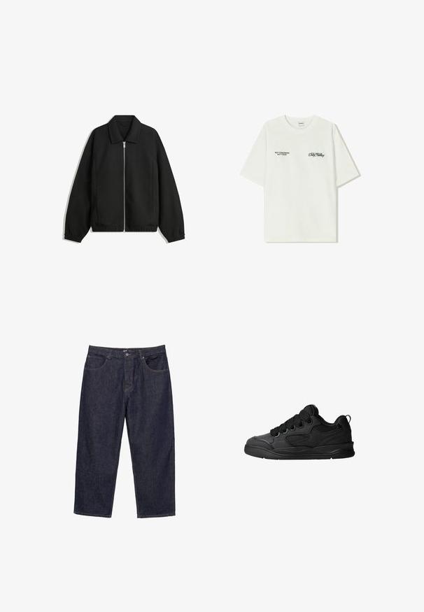 Sort jakke lavet af struktureret stof, med fuld frontlynlås, krave og elastiske mansjetter, i en afslappet pasform og sidelommer.; Hvid bomulds t-shirt med korte ærmer. Forsiden har sort tekst: "IKKE I MORGEN IKKE I DAG" og "KUNSTEN AT FLYTTE DIRT" i grøn skrift.; Mørkeblå lige ben denim jeans med frontknap, lynlåslukning og fem lommer, præsenteret mod en hvid baggrund.; Sorte sneakers med en struktureret overdel, som har snørebånd, meshdetaljer for åndbarhed, polstret krave og en robust ydersål.