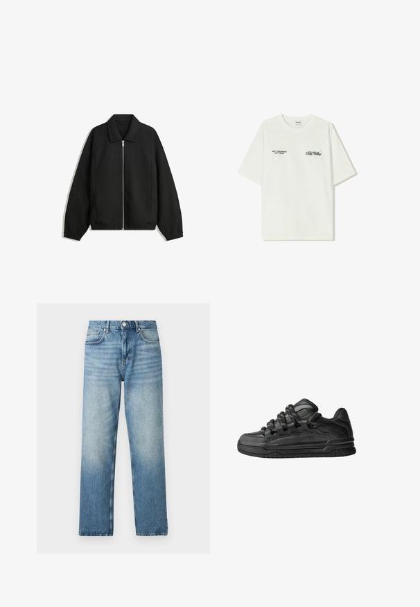 Črna jakna iz teksturirane tkanine, z dvostranskim zadrgo spredaj, ovratnikom in elastičnimi manšeti, sproščenega kroja in stranskimi žepi.; Bela bombažna majica s kratkimi rokavi. Na sprednji strani je črn napis: "NE JUTRI NE DANES" in "UMETNOST SVETOVANJA" v zeleni pisavi.; Svetlo modri traper hlače s ravnim krojem, z gumbom za zapiranje, petimi žepi in rahlim zbledelostjo pri robu. Ravna tekstura.; Črne superge z gladkim usnjenim zgornjim delom, teksturiranimi detajli in okroglimi črnimi ter belimi vezalkami. Debel gumijast podplat z vzorčastim profilom.