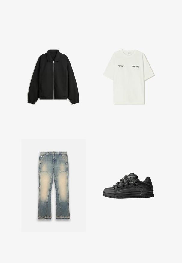 Crna jakna izrađena od teksturirane tkanine, s punim prednjim zatvaračem, ovratnikom i elastičnim manžetama, opuštenog kroja i bočnim džepovima.; Bijela pamučna majica kratkih rukava. Na prednjem dijelu nalazi se crni natpis: "NE SJUTRA NE DANAS" i "UMJETNOST KRETANJA PRAHOM" na zelenoj boji.; Svijetloplave traperice s izblijedjelim dizajnom, širokim nogavicama, pet džepova i izgužvanim rubovima. Sadrže kontrastne zakrpe za dodatnu teksturu.; Crne tenisice s glatkom kožnom gornjom površinom, teksturiranim detaljima i okruglim crnim i bijelim vezicama. Debeli gumeni potplat s uzorkom.