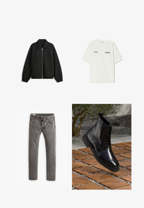 Jachetă neagră dintr-un material texturat, cu fermoar frontal complet, guler și manșete elastice, având o croială lejeră și buzunare laterale.; T-shirt alb din bumbac cu mâneci scurte. Partea din față prezintă text negru: "NU MÂINE NU ASTĂZI" și "ARTA DE A MUDUI" în script verde.; Blugi din denim gri cu croi drept, închidere cu nasturi, design cu cinci buzunare și accente de cusături portocalii de-a lungul cusăturilor.; Boots de piele negre, cu un finisaj neted, design cu sireturi și un buclă ridicată în spate, așezate deasupra unei suprafețe din lemn cu un model.