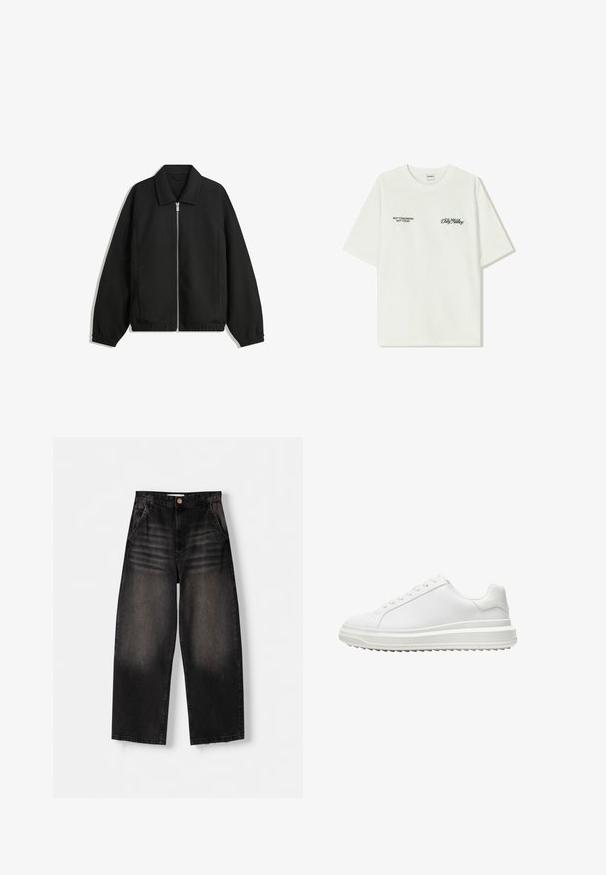 Črna jakna iz teksturirane tkanine, z dvostranskim zadrgo spredaj, ovratnikom in elastičnimi manšeti, sproščenega kroja in stranskimi žepi.; Bela bombažna majica s kratkimi rokavi. Na sprednji strani je črn napis: "NE JUTRI NE DANES" in "UMETNOST SVETOVANJA" v zeleni pisavi.; Črne denim široke hlače z izbledenim dizajnom, ki imajo pet žepov, zapiranje na gumb in subtilne detajle whiskeringa na sprednji strani.; Beli copati z gladkim sintetičnim zgornjim delom, okroglo konico, ravnim vezalkami, teksturiranim podplatom in slojevito platformo za dodatno višino.