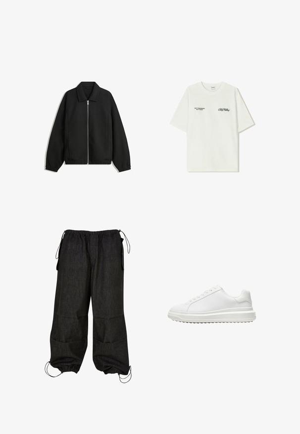 Crna jakna izrađena od teksturirane tkanine, s punim prednjim zatvaračem, ovratnikom i elastičnim manžetama, opuštenog kroja i bočnim džepovima.; Bijela pamučna majica kratkih rukava. Na prednjem dijelu nalazi se crni natpis: "NE SJUTRA NE DANAS" i "UMJETNOST KRETANJA PRAHOM" na zelenoj boji.; Crne, ležerne cargo hlače s elastičnim pojasom, bočnim džepovima i mogućnošću podešavanja sprijeda na rubu. Izrađene su od izdržljivog denim materijala.; Bijela tenisica s glatkim sintetičkim gornjim dijelom, okruglim vrhom, ravnim vezicama, teksturiranim potplatom i složenim, platformastim dizajnom za dodatnu visinu.