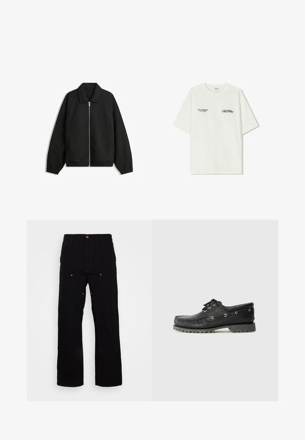 Črna jakna iz teksturirane tkanine, z dvostranskim zadrgo spredaj, ovratnikom in elastičnimi manšeti, sproščenega kroja in stranskimi žepi.; Bela bombažna majica s kratkimi rokavi. Na sprednji strani je črn napis: "NE JUTRI NE DANES" in "UMETNOST SVETOVANJA" v zeleni pisavi.; Črne denim hlače s ravnim krojem, ki vključujejo zlate kovinske dodatke in vidne šive na sprednjih in zadnjih žepih.; Črne teksturirane čevlje z vezanjem, okroglo konico, metalnimi luknjami za vezalke in robustnim sivim gumijastim podplatom. Zgornji del ima tkani vzorec.