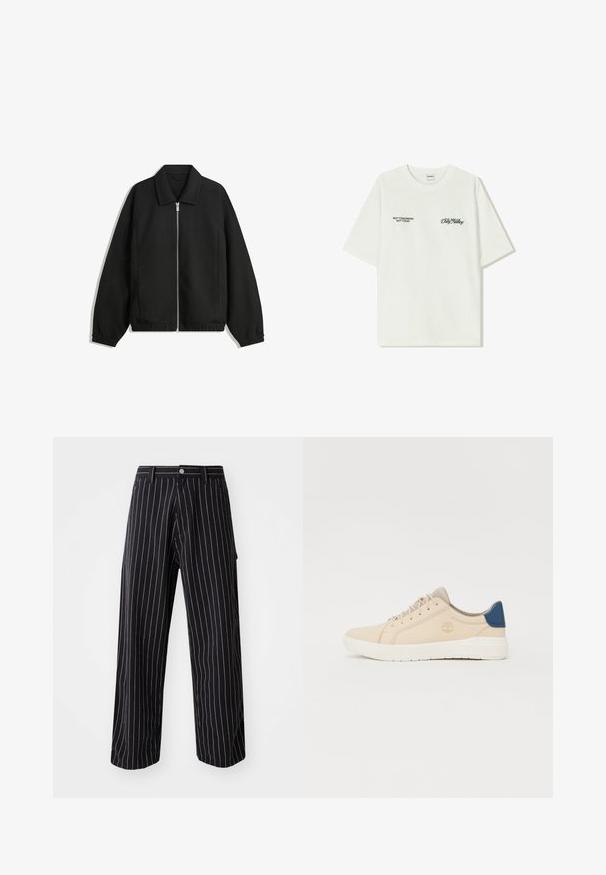 Veste noire en tissu texturé, dotée d'une fermeture éclair sur toute la longueur, d'un col et de poignets élastiques avec une coupe décontractée et des poches latérales.; T-shirt en coton blanc à manches courtes. Le devant présente un texte noir : « PAS DEMAIN PAS AUJOURD'HUI » et « L'ART DU DIRT NOVING » en écriture verte.; Pantalons rayés marins à jambes larges, fabriqués dans un tissu présentant des rayures verticales blanches, avec une fermeture à bouton et à fermeture éclair, et des poches latérales.; Baskets beiges en daim, avec une semelle blanche, des lacets beiges et un accent bleu sur le talon. Logo embossé sur le côté.