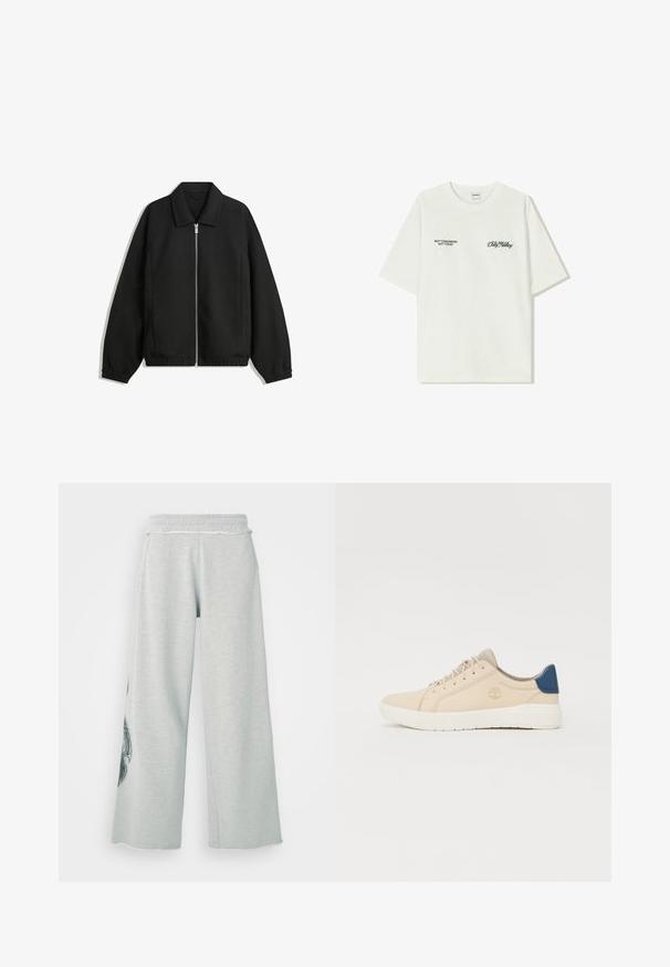 Zwarte jas van textuurstof, met een volledige rits aan de voorkant, een kraag, elastische manchetten, een ontspannen pasvorm en zijzakken.; Witte katoenen T-shirt met korte mouwen. Aan de voorkant staat in zwarte tekst: "NIET MORGEN NIET VANDAAG" en "DE KUNST VAN VUIL VERPLAATSEN" in groene cursieve letters.; Lichtgrijze wijde sweatpants gemaakt van een zachte katoenmix, met zijzakken en een decoratieve zwarte afbeelding op het linkerbeen.; Beige sneakers van suede, voorzien van een witte zool, beige veters en een blauwe accent op de hak. Logo ingebosseld aan de zijkant.