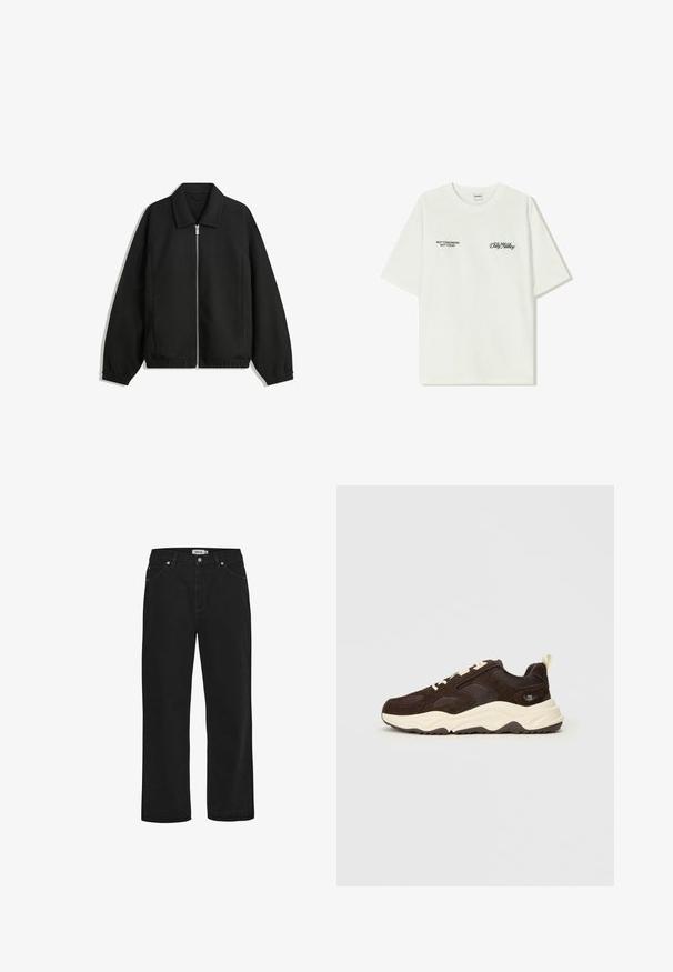 Crna jakna izrađena od teksturirane tkanine, s punim prednjim zatvaračem, ovratnikom i elastičnim manžetama, opuštenog kroja i bočnim džepovima.; Bijela pamučna majica kratkih rukava. Na prednjem dijelu nalazi se crni natpis: "NE SJUTRA NE DANAS" i "UMJETNOST KRETANJA PRAHOM" na zelenoj boji.; Crne traperice od denima sa ravnim krojem, dizajnom s pet džepova, akcentima od bakrenih detalja i čvrstim pojasom. Glatka tekstura, jednostavan stil.; Smeđi suede tenisice s mrežastim detaljima, bijelim potplatom i kremastim vezicama. Imaju podstavljeni ovratnik i suptilni logo na peti.