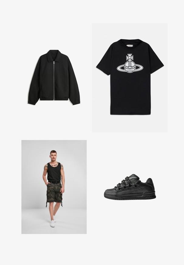 Čierna bunda vyrobená z textúrovaného materiálu, s plným predným zipsom, golierom a elastickými manžetami, so voľnejším strihom a bočnými vreckami.; Čierne bavlnené tričko s krátkymi rukávmi, zdobené bielym grafickým dizajnom planéty s prstencami a krížom na vrchu.; Čierny tielko, maskáčové cargo šortky s vreckami, sťahovacie lemy a čierny opasok. Biele tenisky dopĺňajú vzhľad na neutrálnom pozadí.; Čierne tenisky s hladkým koženým zvrškom, štruktúrovanými akcentami a okrúhlymi čierno-bielymi šnúrkami. Hrubá gumená podrážka s vzorovaným dezénom.