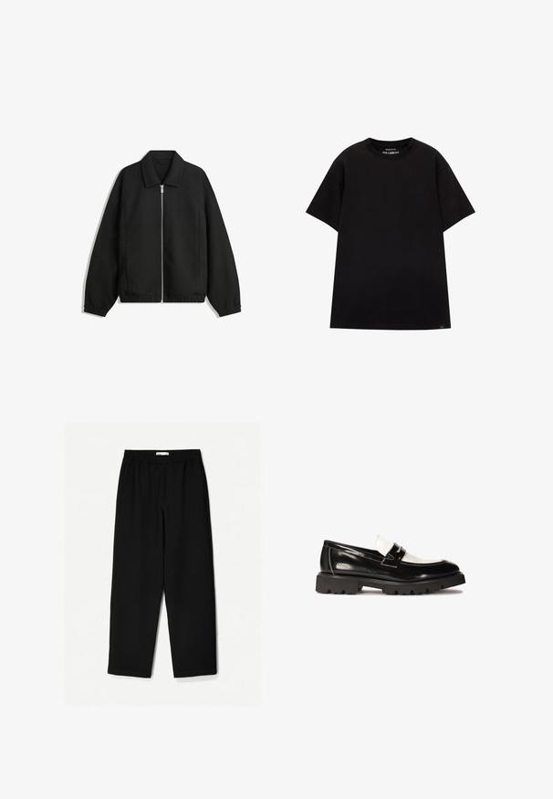 Jachetă neagră dintr-un material texturat, cu fermoar frontal complet, guler și manșete elastice, având o croială lejeră și buzunare laterale.; PULL&BEAR JOIN LIFE - Tricou basic - black; Pantaloni negri, largi, confecționați dintr-un material ușor. Au o talie elastică și o textură netedă. Fără modele vizibile sau accesorii metalice.; Mocasini din piele patent neagră cu un accent din piele albă, talpă groasă din cauciuc negru cu crampoane și detalii cusute. Textură netedă cu un finisaj lucios.