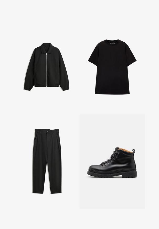 Fekete kabát texturált anyagból, teljes elöl cipzárral, gallérral és rugalmas mandzsettákkal, laza szabással és oldalsó zsebekkel.; PULL&BEAR JOIN LIFE - Basic póló - black; Fekete pamut nadrág laza szabással, klasszikus derékrésszel, elülső hajtásokkal és oldalsó zsebekkel. Simább textúra minta nélkül.; Zign LEATHER - Fűzős bokacsizmák - black