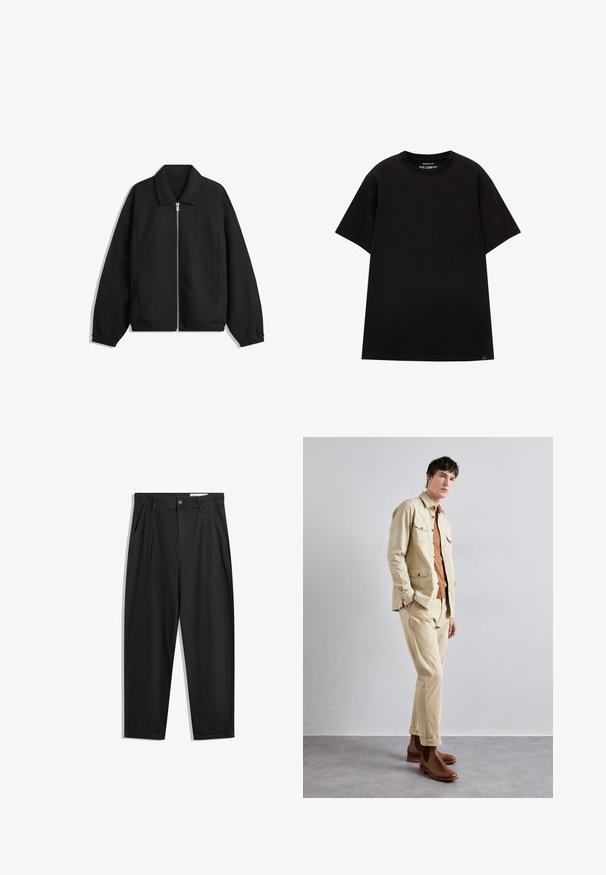 Crna jakna izrađena od teksturirane tkanine, s punim prednjim zatvaračem, ovratnikom i elastičnim manžetama, opuštenog kroja i bočnim džepovima.; PULL&BEAR JOIN LIFE - Osnovna majica kratkih rukava - black; Crne pamučne hlače s opuštenim krojem, s klasičnim pojasom, prednjim nabranjima i bočnim džepovima. Glatka tekstura bez uzoraka.; Bež pamukasta jakna s dva džepa na prsima preko smeđe košulje i odgovarajućih bež hlača. Smeđe kožne gležnjače upotpunjuju odjevnu kombinaciju.