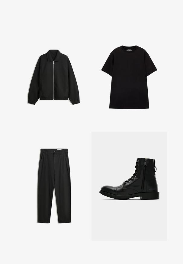 Sort jakke lavet af struktureret stof, med fuld frontlynlås, krave og elastiske mansjetter, i en afslappet pasform og sidelommer.; PULL&BEAR JOIN LIFE - T-shirts basic - black; Sorte bomuldsbukser med en afslappet pasform, der har en klassisk talje, frontfolder og sidelommer. Glat tekstur uden mønstre.; Sorte læder ankelstøvler med rund tå, snørrebånd fortil, lynlås i siden og flad sål. Har prægede branding på hælen.