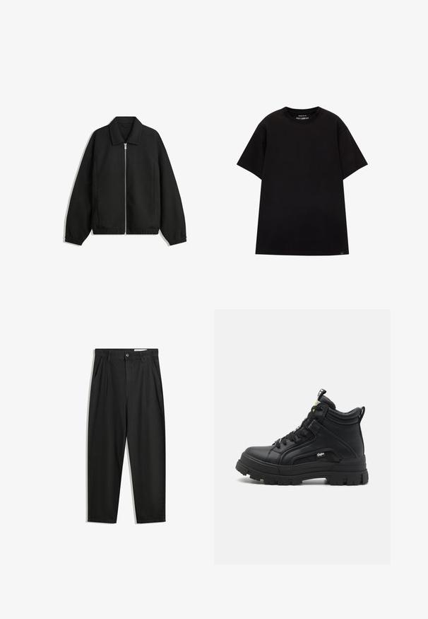 Črna jakna iz teksturirane tkanine, z dvostranskim zadrgo spredaj, ovratnikom in elastičnimi manšeti, sproščenega kroja in stranskimi žepi.; PULL&BEAR JOIN LIFE - Navadna majica - black; Črne bombažne hlače s sproščenim krojem, ki vključujejo klasičen pas, sprednje gube in stranske žepke. Gladka tekstura brez vzorcev.; Črne visoke čevlje iz teksturirane usnje, ki imajo debel gumijast podplat, zavezovanje spredaj in majhen logotip na strani.