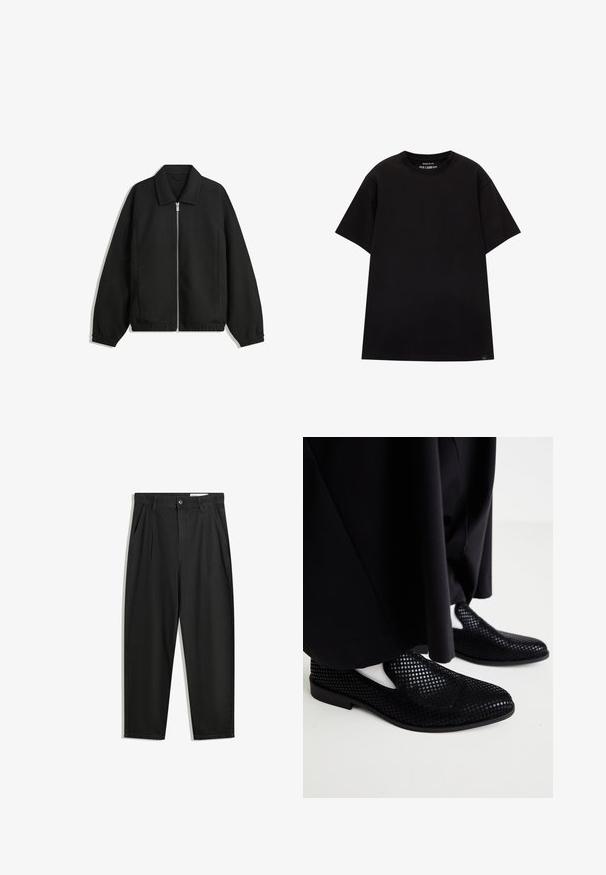 Jachetă neagră dintr-un material texturat, cu fermoar frontal complet, guler și manșete elastice, având o croială lejeră și buzunare laterale.; PULL&BEAR JOIN LIFE - Tricou basic - black; Pantaloni negri din bumbac cu croială lejeră, având un brâu clasic, plii frontale și buzunare laterale. Textură netedă fără modele.; Pantofi negri cu perforații, slip-on, cu talpă plată și o textură netedă. Design minimalist cu decupaje laterale. Asortați cu pantaloni negri.