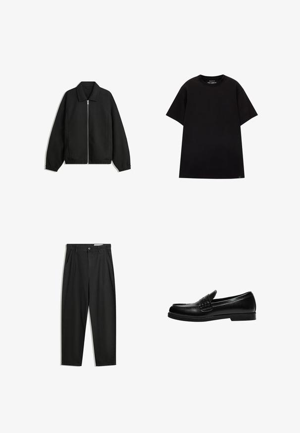 Čierna bunda vyrobená z textúrovaného materiálu, s plným predným zipsom, golierom a elastickými manžetami, so voľnejším strihom a bočnými vreckami.; PULL&BEAR JOIN LIFE - Základné tričko - black; Čierne bavlnené nohavice s voľným strihom, s klasickým pásom, prednými záhybmi a bočnými vreckami. Hladká textúra bez vzorov.; Čierne kožené loafers s hladkým povrchom, so šitím na priehlavku a nízkou, pevnú čiernu gumovú podrážku.