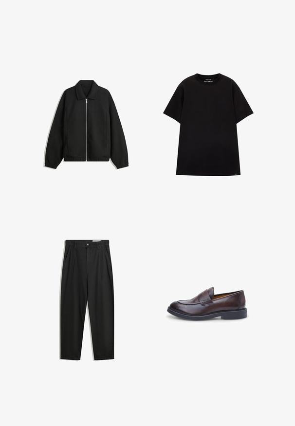 Schwarze Jacke aus strukturiertem Stoff, mit vollem Reißverschluss auf der Vorderseite, Kragen und elastischen Manschetten, im entspannten Schnitt und mit seitlichen Taschen.; PULL&BEAR JOIN LIFE - T-Shirt basic - black; Schwarze Baumwollhose mit lockerem Schnitt, ausgestattet mit einem klassischen Bund, vorderen Falten und Seiten taschen. Glatte Textur ohne Muster.; Brauner Leder-Lederschuh mit glatter Textur, abgerundeter Spitze und doppeltem Riemen-Design; verfügt über eine schwarze Gummisohle und genähte Akzente.