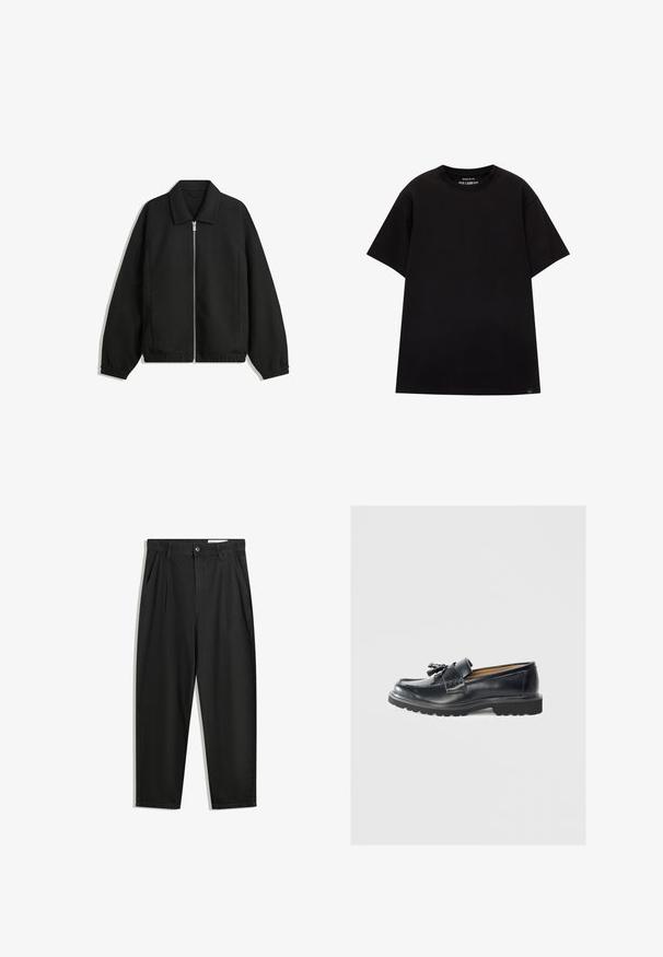 Čierna bunda vyrobená z textúrovaného materiálu, s plným predným zipsom, golierom a elastickými manžetami, so voľnejším strihom a bočnými vreckami.; PULL&BEAR JOIN LIFE - Základné tričko - black; Čierne bavlnené nohavice s voľným strihom, s klasickým pásom, prednými záhybmi a bočnými vreckami. Hladká textúra bez vzorov.; Čierne kožené mokasíny s výraznou plochou podrážkou, prešitými detailmi, ozdobou s třásňami a hladkým povrchom.