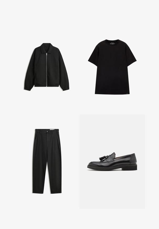 Jachetă neagră dintr-un material texturat, cu fermoar frontal complet, guler și manșete elastice, având o croială lejeră și buzunare laterale.; PULL&BEAR JOIN LIFE - Tricou basic - black; Pantaloni negri din bumbac cu croială lejeră, având un brâu clasic, plii frontale și buzunare laterale. Textură netedă fără modele.; Loaferi negri din piele cu detalii de franjuri, vârf rotund și talpă texturată. Caracteristici: finisaj neted și design minimalist.
