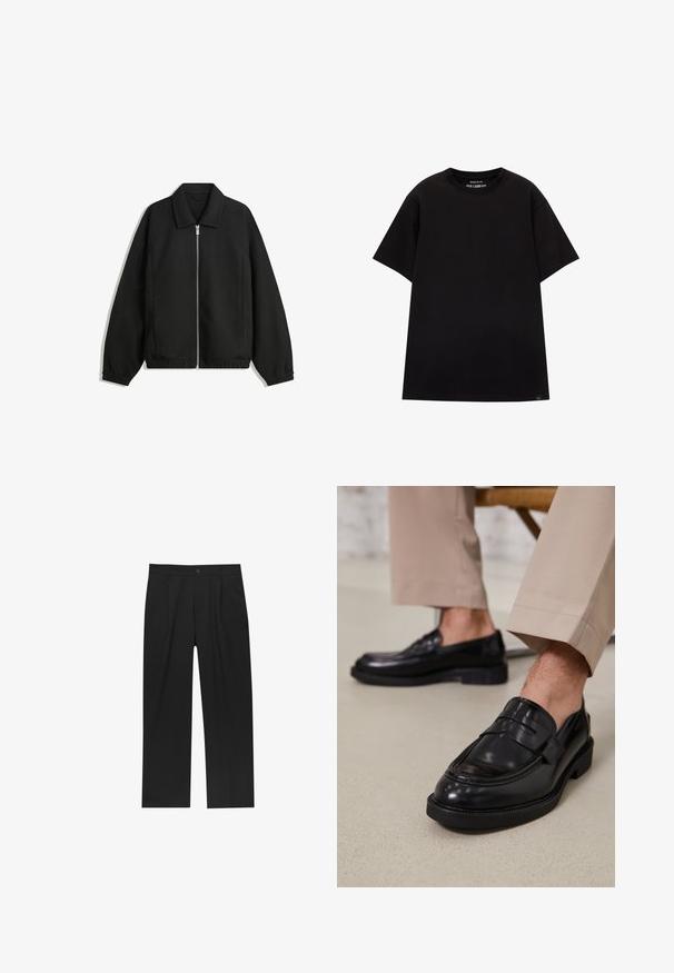 Jachetă neagră dintr-un material texturat, cu fermoar frontal complet, guler și manșete elastice, având o croială lejeră și buzunare laterale.; PULL&BEAR JOIN LIFE - Tricou basic - black; Pantaloni negri cu un design drept, fabricați dintr-un material neted. Au plisse în față și un sistem de închidere cu un singur buton la talie.; Loafers negre din piele cu o finisare netedă, având o curea decorativă și cusături contrastante, asortați cu pantaloni bej.