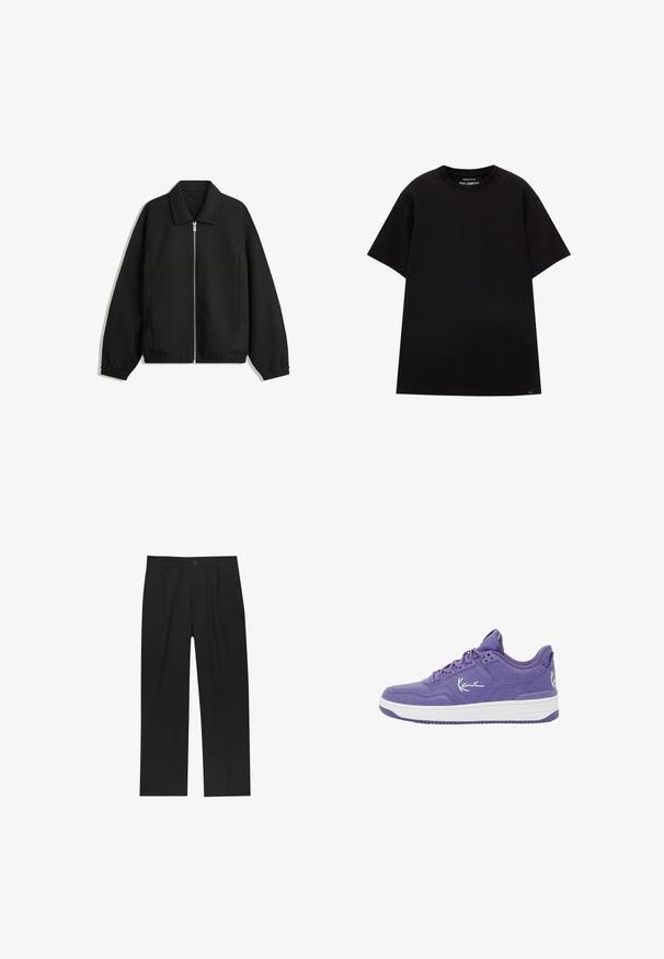 Veste noire en tissu texturé, dotée d'une fermeture éclair sur toute la longueur, d'un col et de poignets élastiques avec une coupe décontractée et des poches latérales.; PULL&BEAR JOIN LIFE - T-shirt basique - black; Pantalons noirs au design droit, fabriqués à partir d'un tissu lisse. Dotés de plis sur le devant et d'une fermeture à un bouton à la taille.; Karl Kani Baskets basses - lilac white