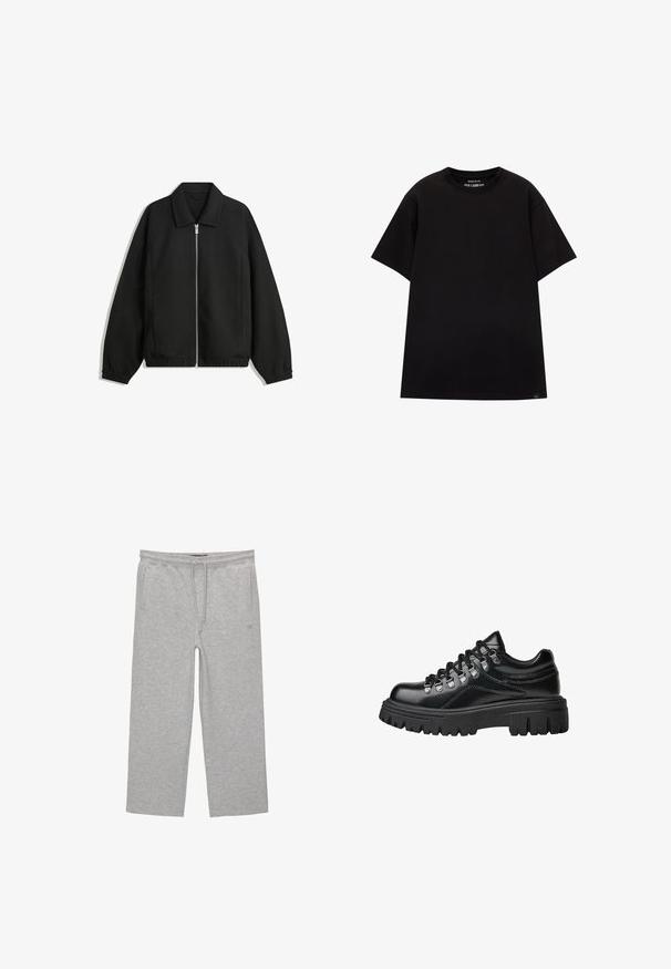 Fekete kabát texturált anyagból, teljes elöl cipzárral, gallérral és rugalmas mandzsettákkal, laza szabással és oldalsó zsebekkel.; PULL&BEAR JOIN LIFE - Basic póló - black; Szürke pamut loungewear nadrág elasztikus derékkal, zsinórral és két oldalsó zsebbel; egyenes lábú kialakítás, puha textúra, minta nélkül.; Fekete, vastag talpú bőr túracipő fém fűzőlyukakkal és vastag fekete cipőfűzőkkel, oldalnézet fehér háttérrel.