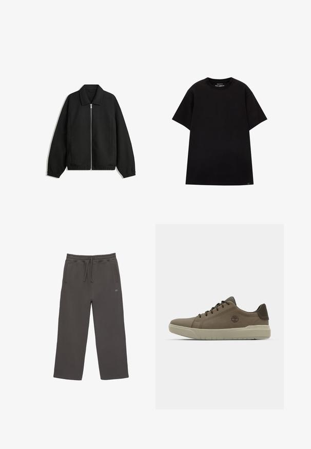 Schwarze Jacke aus strukturiertem Stoff, mit vollem Reißverschluss auf der Vorderseite, Kragen und elastischen Manschetten, im entspannten Schnitt und mit seitlichen Taschen.; PULL&BEAR JOIN LIFE - T-Shirt basic - black; Graue Sweatpants mit einem elastischen Bund, Kordelzug und Seitentaschen. Weicher Stoff, weite Beinform und dezente Logo-Details an der Seite.; Braune Ledersneaker mit niedriger Profil, Gummisohle und grünen Akzenten; ausgestattet mit Logo an der Seite und strukturierten Paneelen für besseren Grip.