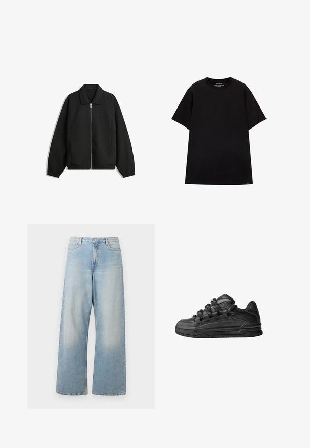 Črna jakna iz teksturirane tkanine, z dvostranskim zadrgo spredaj, ovratnikom in elastičnimi manšeti, sproščenega kroja in stranskimi žepi.; PULL&BEAR JOIN LIFE - Navadna majica - black; Svetlo modri široki kavbojke iz denima, ki imajo visoko pas, sprednje žepke in zbledel videz s subtilnimi sledi na stegnu.; Črne superge z gladkim usnjenim zgornjim delom, teksturiranimi detajli in okroglimi črnimi ter belimi vezalkami. Debel gumijast podplat z vzorčastim profilom.