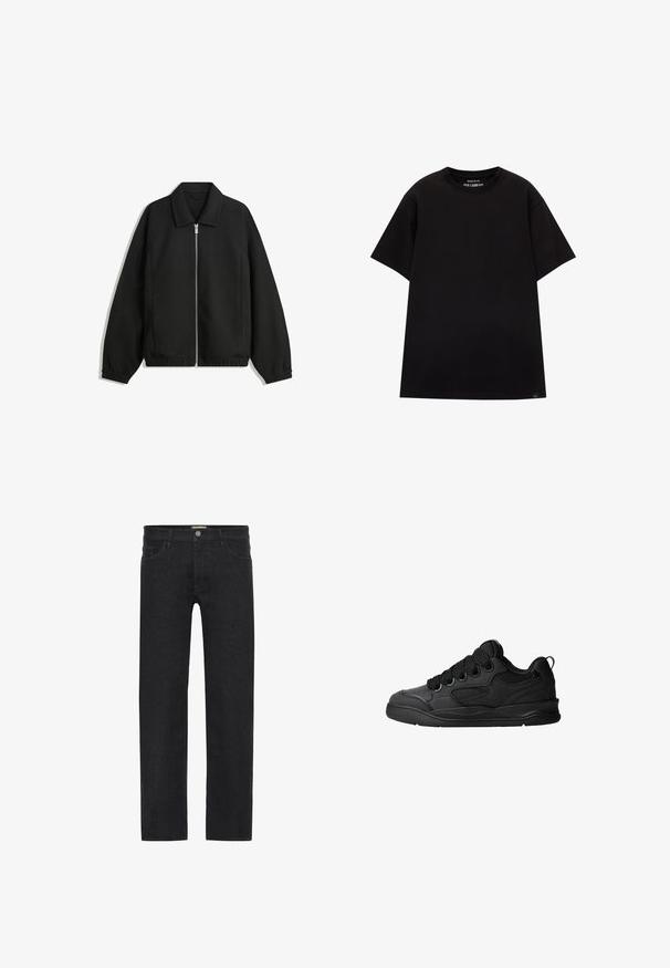 Musta takki, joka on valmistettu teksturoidusta kankaasta ja jossa on koko etuvetoketju, kaulus ja joustavat hihansuut. Takissa on rento istuvuus ja sivutaskut.; PULL&BEAR JOIN LIFE - T-paita - black; Mustat suoralahkeiset farkut, jotka on valmistettu denimiä. Niissä on nappikiinnitys vyötäröllä, viisi taskua ja minimalistic design ilman näkyviä kuvioita.; Mustat tennarit, joissa on teksturoitu päällyspinta, nauhat, verkkokohdat hengittävyyttä varten, pehmeä kaulus ja kestävä pohja.