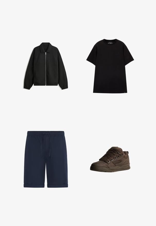 Jachetă neagră dintr-un material texturat, cu fermoar frontal complet, guler și manșete elastice, având o croială lejeră și buzunare laterale.; PULL&BEAR JOIN LIFE - Tricou basic - black; Pantaloni scurți bleumarin din material ușor, cu talie elastică prevăzută cu șnur și tivuri pliate. Textură fină, design casual.; Pantofi sport maro din material sintetic neted. Prezintă șireturi groase, accente din plasă, guler căptușit și talpă din cauciuc texturat.