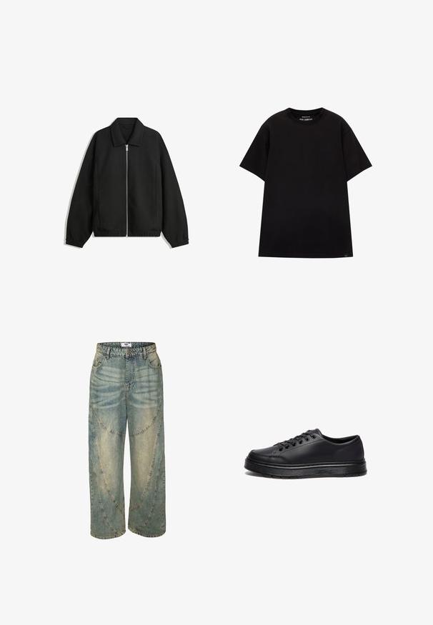 Schwarze Jacke aus strukturiertem Stoff, mit vollem Reißverschluss auf der Vorderseite, Kragen und elastischen Manschetten, im entspannten Schnitt und mit seitlichen Taschen.; PULL&BEAR JOIN LIFE - T-Shirt basic - black; Helle blaue weite Jeans mit hoher Taille, die über abgerundete Nahtdetails und gesäumte Beine verfügt. Hergestellt aus Denim mit verwaschenen Stellen.; Schwarze Low-Top-Sneaker aus glattem synthetischem Material, mit runden Schnürsenkeln, sechs Ösen und einer strukturierten Gummisohle mit weißen Akzenten.
