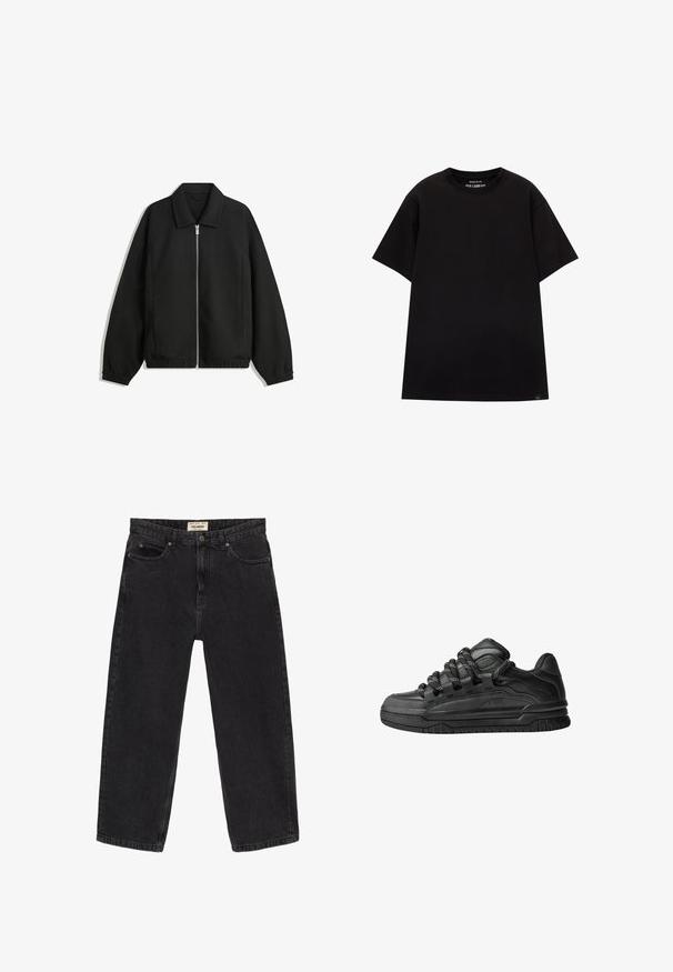 Giacca nera in tessuto texturizzato, con zip frontale a tutta lunghezza, colletto e polsini elasticizzati, dalla vestibilità rilassata e con tasche laterali.; PULL&BEAR JOIN LIFE - T-shirt basic - black; Jeans in denim nero con una vestibilità rilassata. Presentano cinque tasche, una chiusura frontale con bottone e dettagli di cucitura. Texture leggermente sbiadita.; Sneaker nere con una toma in pelle liscia, dettagli testurizzati e lacci tondi neri e bianchi. Suola spessa in gomma con battistrada gommato.