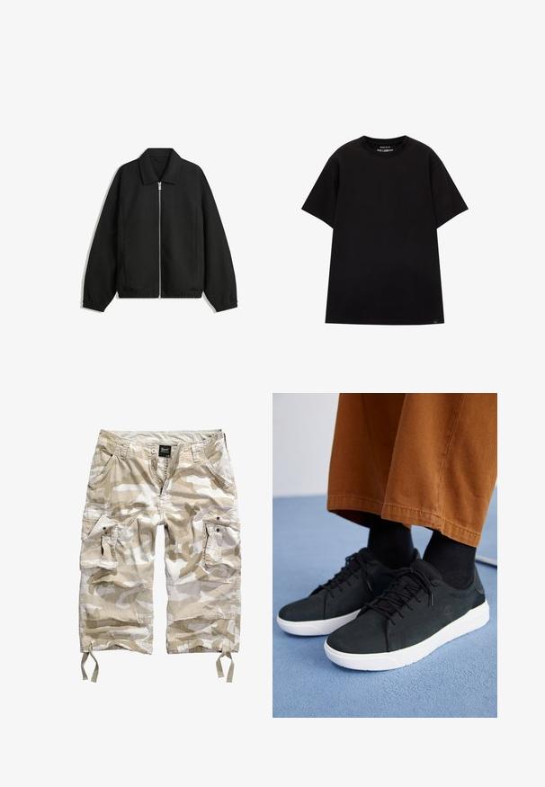 Czarna kurtka z teksturowanej tkaniny, z pełnym zamkiem z przodu, kołnierzem i elastycznymi mankietami, o luźnym kroju i kieszeniach po bokach.; PULL&BEAR - T-shirt basic; Beżowe szorty cargo w kamuflażu, z wieloma kieszeniami, zapięciem na guzik i sznurkiem u dołu, wykonane z lekkiego, trwałego materiału.; Czarne zamszowe trampki z białymi gumowymi podeszwami, z wiązaniem, teksturowanymi akcentami i subtelnym logo, w połączeniu z brązowymi spodniami.