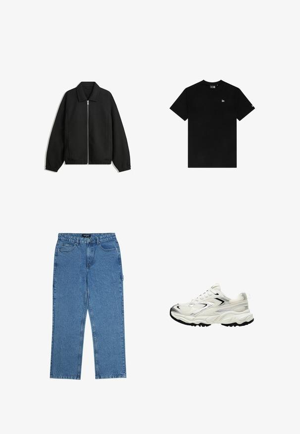 Črna jakna iz teksturirane tkanine, z dvostranskim zadrgo spredaj, ovratnikom in elastičnimi manšeti, sproščenega kroja in stranskimi žepi.; Črna bombažna majica s krožnim izrezom, kratkimi rokavi, ki ima majhen bel logotip na levem prsnem delu in brez dodatnih vzorcev ali dodatkov.; Modri traper hlače s ravnim krojem, ki vključujejo pet žepov, gumbasto zapiranje in zanko za pas. Tkanina ima teksturiran zaključek.; Bele superge z mrežasto zgornjico, srebrnimi poudarki, črnim podplatom in teksturiranimi paneli. Imajo vezalni dizajn in okroglo obliko nosu.