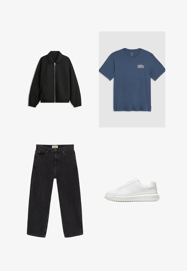 Jachetă neagră dintr-un material texturat, cu fermoar frontal complet, guler și manșete elastice, având o croială lejeră și buzunare laterale.; Tricou din bumbac albastru, cu guler rotund și mâneci scurte. Un logo alb "Levi's" este imprimat în zona stângă a pieptului. Design simplu.; Jeanși negri din denim cu o croială relaxată. Prezintă cinci buzunare, închidere cu un buton în față și detalii de cusătură. Textură ușor decolorată.; Adidași albi cu un upper sintetic neted, vârf rotund, șireturi plate, talpă texturată și un design pe straturi, oferind un plus de înălțime.