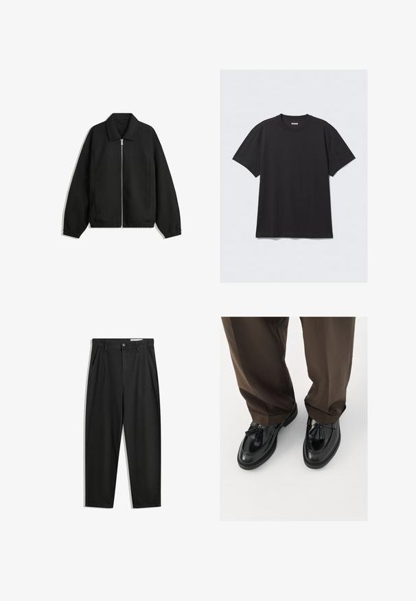 Fekete kabát texturált anyagból, teljes elöl cipzárral, gallérral és rugalmas mandzsettákkal, laza szabással és oldalsó zsebekkel.; Fekete, rövid ujjú póló, pamutból készült. Kerek nyakkivágással és laza szabással rendelkezik. Egyszerű dizájn, melyen nincsenek minták vagy díszítések.; Fekete pamut nadrág laza szabással, klasszikus derékrésszel, elülső hajtásokkal és oldalsó zsebekkel. Simább textúra minta nélkül.; Fekete bőr loaferek lekerekített orral, díszes bojttal és texturált varrással, barna, enyhén laza nadrággal párosítva.