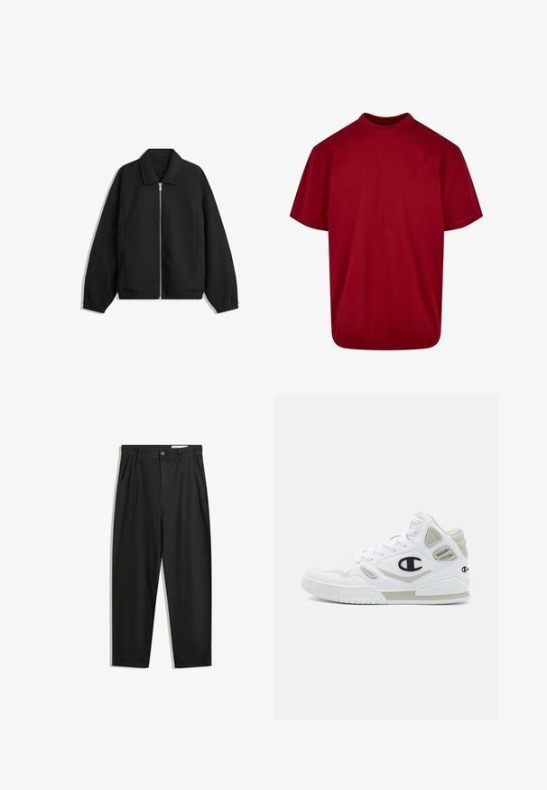 Schwarze Jacke aus strukturiertem Stoff, mit vollem Reißverschluss auf der Vorderseite, Kragen und elastischen Manschetten, im entspannten Schnitt und mit seitlichen Taschen.; Rotes Baumwoll-T-Shirt mit kurzen Ärmeln, rundem Ausschnitt und lockerer Passform. Schlichtes Design, keine Muster oder Grafiken. Glatte Textur.; Schwarze Baumwollhose mit lockerem Schnitt, ausgestattet mit einem klassischen Bund, vorderen Falten und Seiten taschen. Glatte Textur ohne Muster.; Champion 3 POINT TECH MID - Basketballschuh - white/light grey