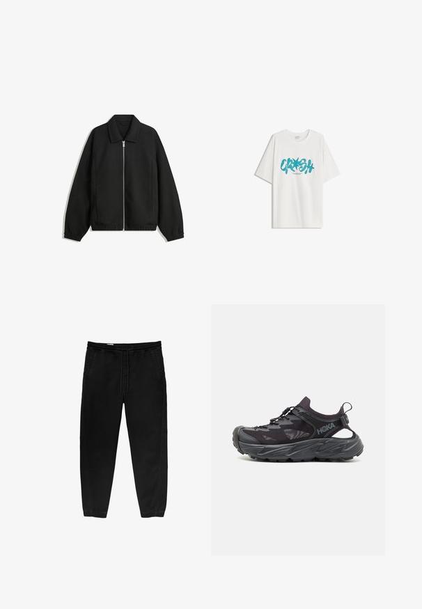 Fekete kabát texturált anyagból, teljes elöl cipzárral, gallérral és rugalmas mandzsettákkal, laza szabással és oldalsó zsebekkel.; Bershka SHORT SLEEVE - Nyomott mintás póló - white; Fekete, rugalmas derékpántos nadrág, zsinóros megkötéssel, tapered lábakkal, oldalsó zsebekkel és diszkrét oldalsó varrási részletekkel. Puha pamut anyagtextúra.; Fekete sportcipő könnyű hálós felsőrésszel, vastag gumitalppal és rugalmas fűzőrendszerrel. Az oldalsó kivágások légáteresztést és támaszt nyújtanak.