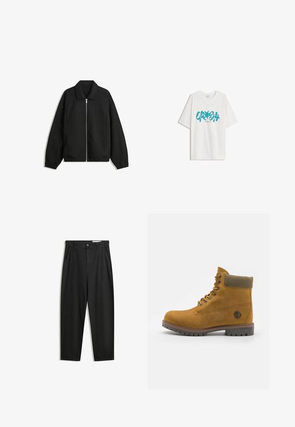 Fekete kabát texturált anyagból, teljes elöl cipzárral, gallérral és rugalmas mandzsettákkal, laza szabással és oldalsó zsebekkel.; Bershka SHORT SLEEVE - Nyomott mintás póló - white; Fekete pamut nadrág laza szabással, klasszikus derékrésszel, elülső hajtásokkal és oldalsó zsebekkel. Simább textúra minta nélkül.; Barna bőr boka csizma világosbarna felsőrésszel, zöld kiegészítőkkel, fekete gumitalppal és fém fűzőlyukakkal, oldalt logóval ellátva.