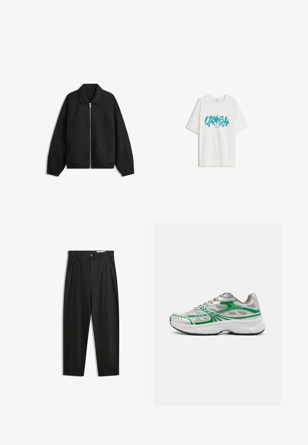 Black jacket made of textured fabric, featuring a full front zip, collar, and elastic cuffs with a relaxed fit and side pockets.; Bershka SHORT SLEEVE - Print T-shirt - white; Black cotton trousers with a relaxed fit, featuring a classic waistband, front pleats, and side pockets. Smooth texture without patterns.; Silver athletic shoes with green accents, mesh detailing, a cushioned sole, and a rounded toe. Features laces and a lightweight design.