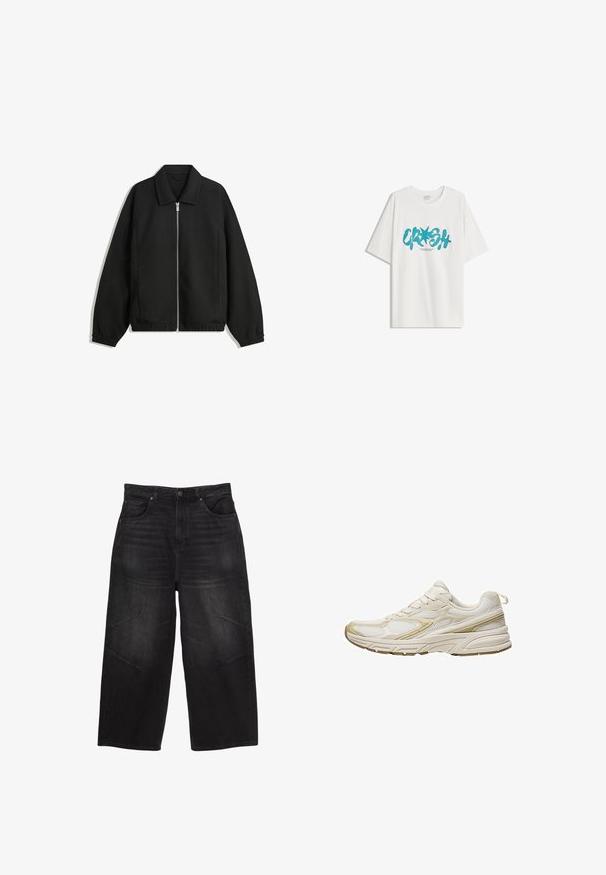 Čierna bunda vyrobená z textúrovaného materiálu, s plným predným zipsom, golierom a elastickými manžetami, so voľnejším strihom a bočnými vreckami.; Bershka SHORT SLEEVE - Tričko s potlačou - white; Čierne riflové nohavice s širokými nohavicami majú vysoký pás, päť vreciek, jemné vyblednutie a prešité detaily na vonkajších stehnách.; Biele športové topánky vyrobené z textílie a syntetického materiálu, s oble zakrivenou špičkou, polstrovanou podrážkou a béžovými akcentmi po stranách.