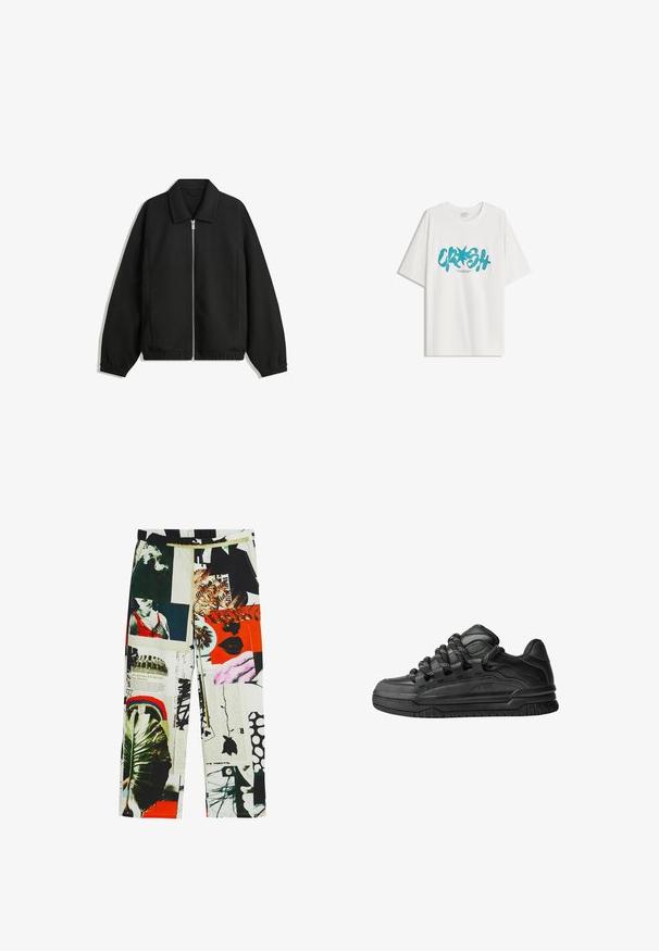 Černá bunda vyrobená z texturované látky, s plným předním zipem, límcem a elastickými manžetami, s volným střihem a bočními kapsami.; Bershka SHORT SLEEVE - Triko s potiskem - white; Kalhoty s vzorem zahrnujícím koláž obrázků, barev a textur, včetně zeleně, grafik a výrazných akcentů. Elastický pas.; Černé tenisky s hladkým koženým svrškem, texturovanými akcenty a kulatými černobílými tkaničkami. Silná gumová podrážka s vzorovaným dezénem.