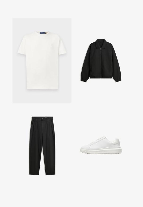 Fekete kabát texturált anyagból, teljes elöl cipzárral, gallérral és rugalmas mandzsettákkal, laza szabással és oldalsó zsebekkel.; Egyszínű, fehér, rövidujjú, kerek nyakú póló finom hímzett logóval a bal mellrészen és márkázott nyaklabellel.; Fekete pamut nadrág laza szabással, klasszikus derékrésszel, elülső hajtásokkal és oldalsó zsebekkel. Simább textúra minta nélkül.; Fehér edzőcipő sima szintetikus felsőrész, kerek orr, lapos fűzők, texturált talp és réteges, platform dizájn a magasabb megjelenés érdekében.