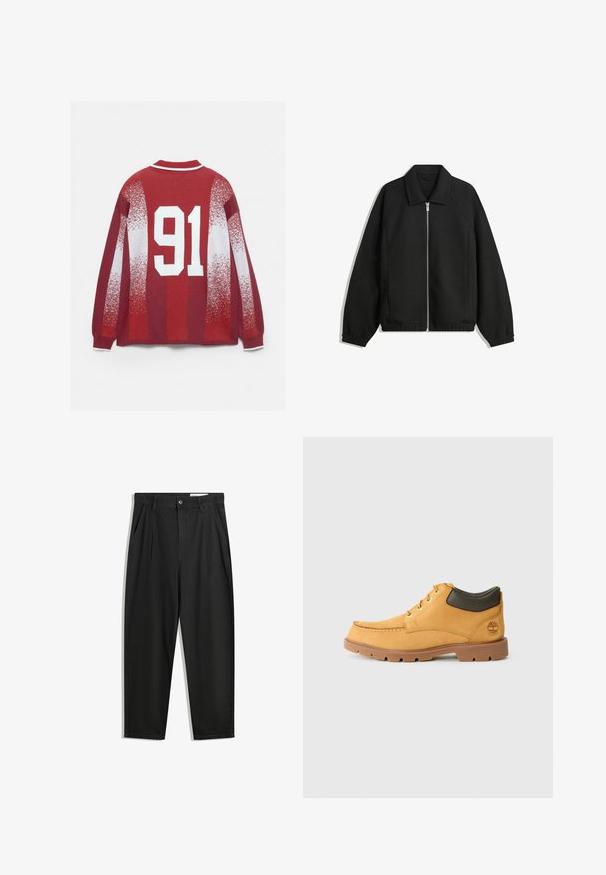 Jachetă neagră dintr-un material texturat, cu fermoar frontal complet, guler și manșete elastice, având o croială lejeră și buzunare laterale.; Pulover roșu cu o guler cu dungi albe, modele albe estompate și un mare „91” alb imprimat pe spate.; Pantaloni negri din bumbac cu croială lejeră, având un brâu clasic, plii frontale și buzunare laterale. Textură netedă fără modele.; Pantof cu un design din piele galbenă, talpă din cauciuc maro, vârful rotund și detalii din piele verde la glezne. Include gauri pentru șireturi aurii și accente de cusături.