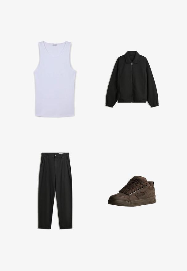 Giacca nera in tessuto texturizzato, con zip frontale a tutta lunghezza, colletto e polsini elasticizzati, dalla vestibilità rilassata e con tasche laterali.; Canotta bianca senza maniche in cotone, con una texture a coste e scollatura rotonda. L'etichetta riporta "Calliope". Design semplice senza motivi.; Pantaloni in cotone neri con una vestibilità rilassata, dotati di una vita classica, pieghe frontali e tasche laterali. Tessuto liscio senza fantasie.; Scarpe atletiche marroni realizzate in materiale sintetico liscio. Caratterizzate da lacci spessi, dettagli in rete, collo imbottito e suola in gomma testurizzata.