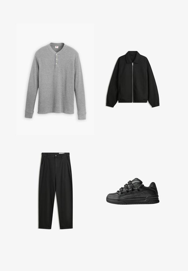 Svart jacka i strukturerad tyg, med full dragkedja framtill, krage och elastiska muddar, med en avslappnad passform och sidofickor.; Grå långärmad henley-skjorta i ribbat tyg, med en tre-knappsknäppning och rund halsringning i en något figurnära modell.; Svarta bomullsshorts med avslappnad passform, med en klassisk midja, framveck och sidfickor. Slät textur utan mönster.; Svarta sneakers med ovandel i slät läder, texturerade detaljer och runda svarta och vita snören. Tjock gummisula med ett mönstrat mönster.