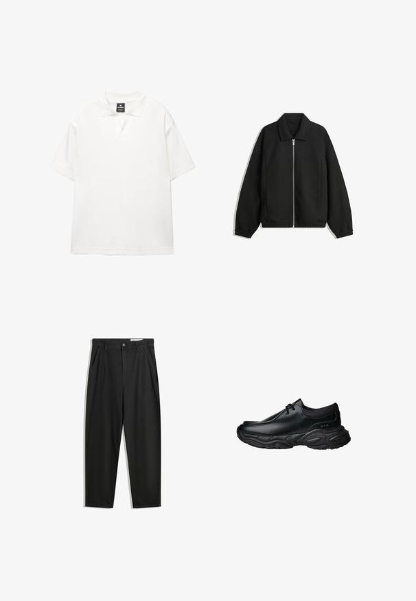 Czarna kurtka z teksturowanej tkaniny, z pełnym zamkiem z przodu, kołnierzem i elastycznymi mankietami, o luźnym kroju i kieszeniach po bokach.; Biała koszulka polo z krótkim rękawem, wykonana z gładkiego materiału, z klasycznym kołnierzykiem, posiadająca półguzik i luźny krój.; Czarne bawełniane spodnie o luźnym kroju, z klasycznym pasem, przednimi plisy oraz bocznymi kieszeniami. Gładka struktura, bez wzorów.; Czarne skórzane buty wsuwane z okrągłym noskiem i grubą, teksturowaną gumową podeszwą. Posiadają subtelne przeszycia oraz elastyczne akcenty na kołnierzu.