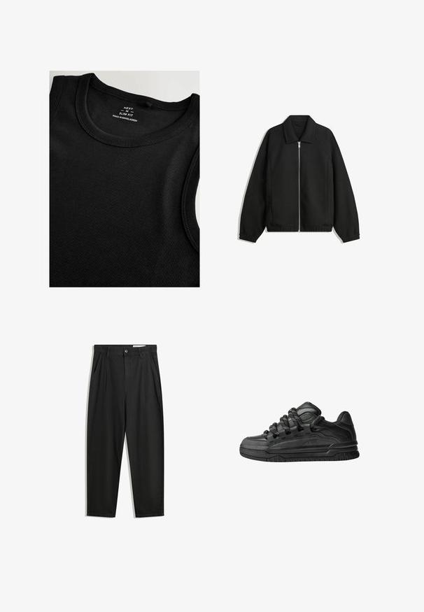 Giacca nera in tessuto texturizzato, con zip frontale a tutta lunghezza, colletto e polsini elasticizzati, dalla vestibilità rilassata e con tasche laterali.; Top nero senza maniche in tessuto a costine con vestibilità slim. Presenta uno scollo rotondo e cuciture piatte per una finitura liscia.; Pantaloni in cotone neri con una vestibilità rilassata, dotati di una vita classica, pieghe frontali e tasche laterali. Tessuto liscio senza fantasie.; Sneaker nere con una toma in pelle liscia, dettagli testurizzati e lacci tondi neri e bianchi. Suola spessa in gomma con battistrada gommato.