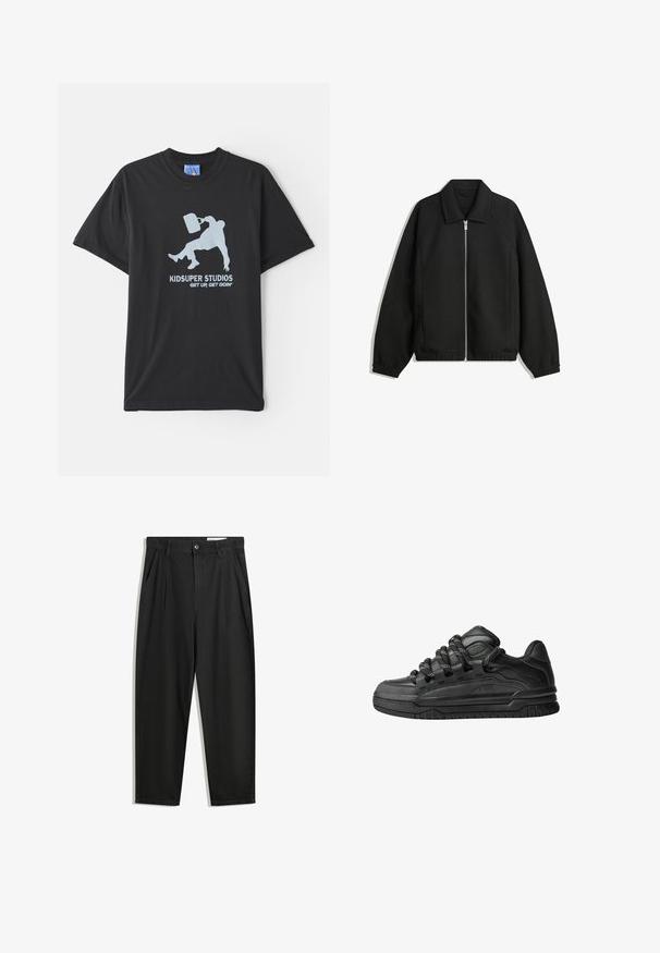 Črna jakna iz teksturirane tkanine, z dvostranskim zadrgo spredaj, ovratnikom in elastičnimi manšeti, sproščenega kroja in stranskimi žepi.; Črna bombažna majica s kratkimi rokavi, z svetlo modrim grafičnim motivom osebe, ki drži aktovko, in napisom "KIDSUPER STUDIOS GET UP, GET GOIN'."; Črne bombažne hlače s sproščenim krojem, ki vključujejo klasičen pas, sprednje gube in stranske žepke. Gladka tekstura brez vzorcev.; Črne superge z gladkim usnjenim zgornjim delom, teksturiranimi detajli in okroglimi črnimi ter belimi vezalkami. Debel gumijast podplat z vzorčastim profilom.