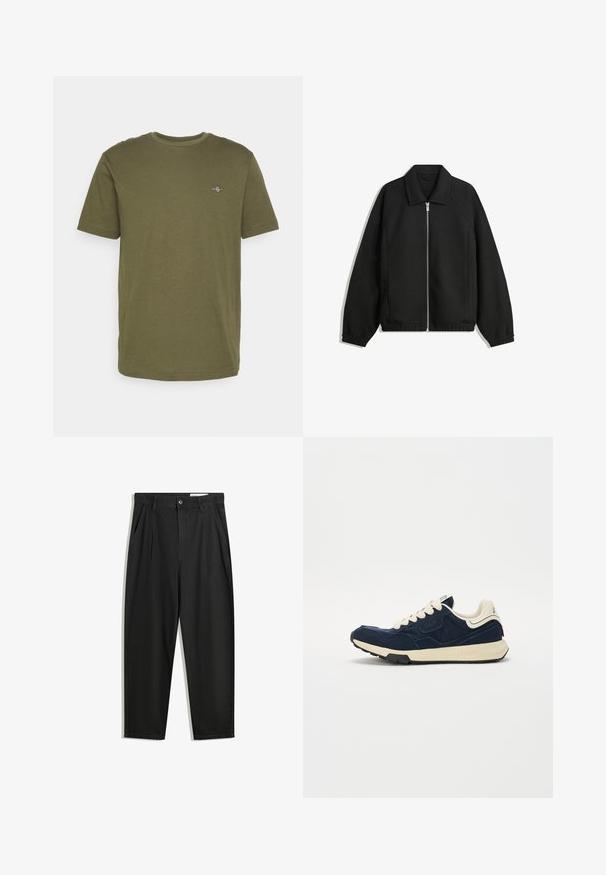 Czarna kurtka z teksturowanej tkaniny, z pełnym zamkiem z przodu, kołnierzem i elastycznymi mankietami, o luźnym kroju i kieszeniach po bokach.; Oliwkowa bawełniana koszulka z krótkim rękawem, okrągłym dekoltem i małym haftowanym logo na piersi. Gładka faktura, casualowy design.; Czarne bawełniane spodnie o luźnym kroju, z klasycznym pasem, przednimi plisy oraz bocznymi kieszeniami. Gładka struktura, bez wzorów.; Granatowy trampki z teksturowanym zamszowym wierzchem, kremowymi sznurówkami i beżową podeszwą środkową. Posiada klasyczny sportowy design i gumową podeszwę.