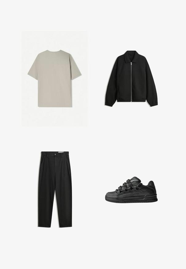 Black jacket made of textured fabric, featuring a full front zip, collar, and elastic cuffs with a relaxed fit and side pockets.; Beige cotton t-shirt with short sleeves. Features a simple design and a round neckline. Smooth texture with minimal stitching on the back.; Black cotton trousers with a relaxed fit, featuring a classic waistband, front pleats, and side pockets. Smooth texture without patterns.; Black sneakers with a smooth leather upper, textured accents, and round black and white laces. Thick rubber sole with a patterned tread.